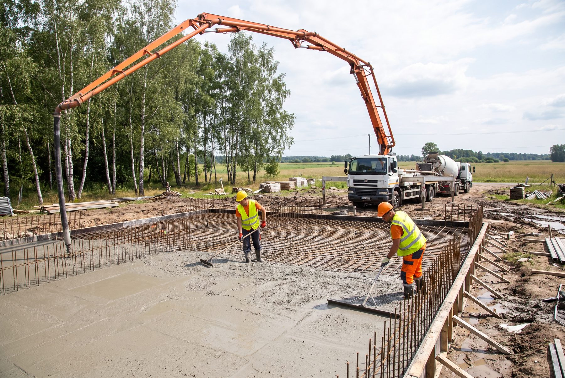 Betonowanie płyty fundamentowej pompą do betonu